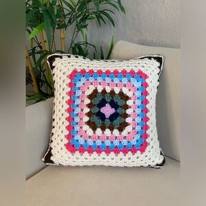 Crochet Granny Square Pillow 14”x14” Colorful Boho Eclectic Throw Accent Decor
